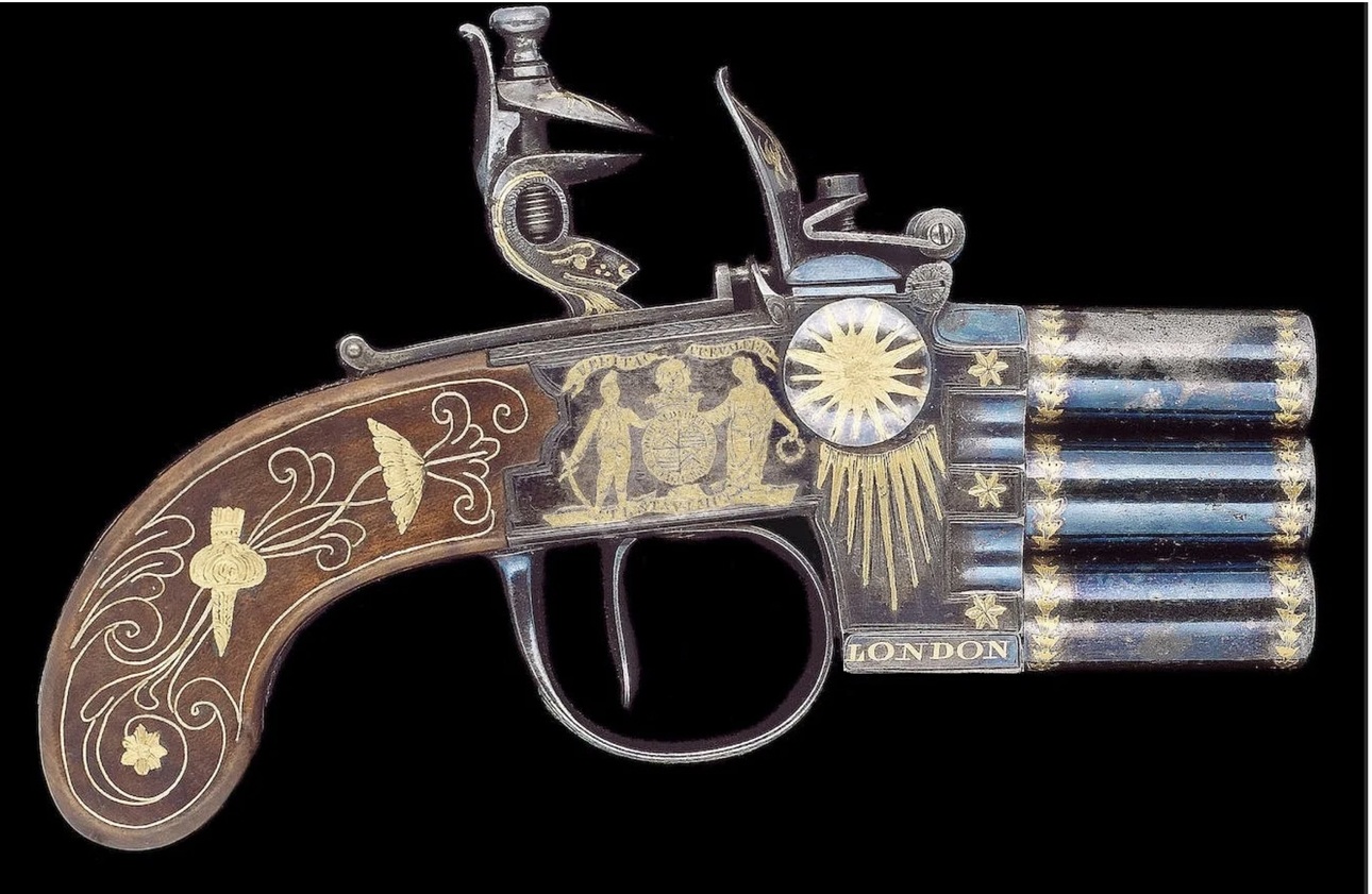 Изображение Рисунок 8. Инкрустированный золотом трёхствольный кремниевый пистолет с коробчатым затвором на 120 патронов, на затворе – герб семьи Торнтонов. Мастер Дарс Эгг, Лондон, около 1800 г. 