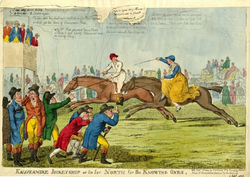 Изображение Рисунок 9. Английская гравюра Чарльза Уильямса, 1804 г. Соревнование между миссис А. Торнтон и капитаном У. Флинтом на скачках в Кнавсмире 25 августа 1804 года. 