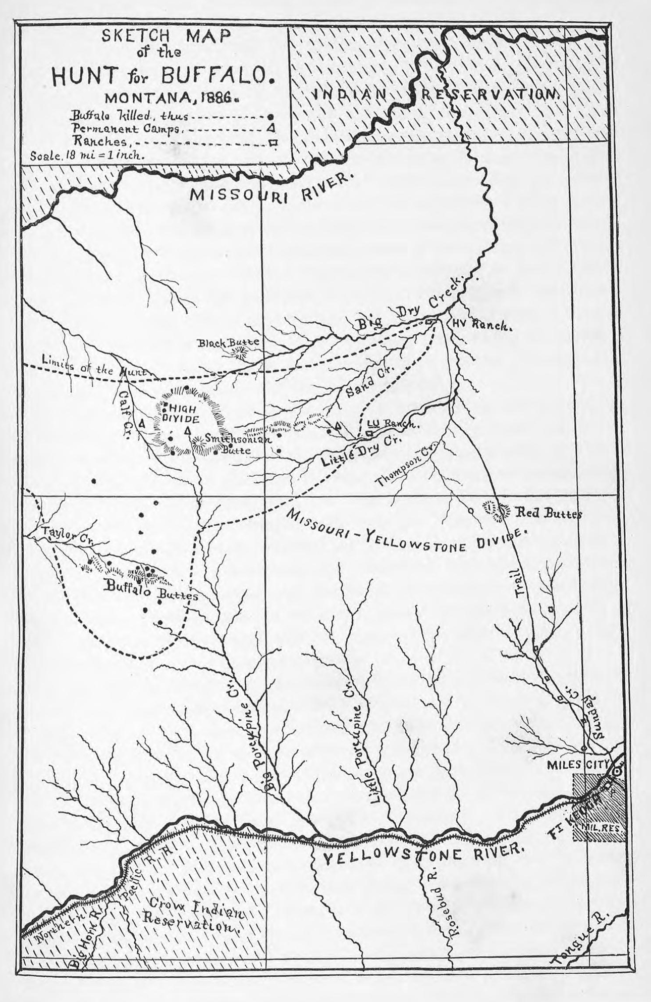 Изображение Нарисованная от руки карта экспедиции за бизонами из книги Хорнадея «Истребление американского бизона». Каждая черная точка представляет бизона, убитого участниками экспедиции 1886 года. Библиотека Конгресса 