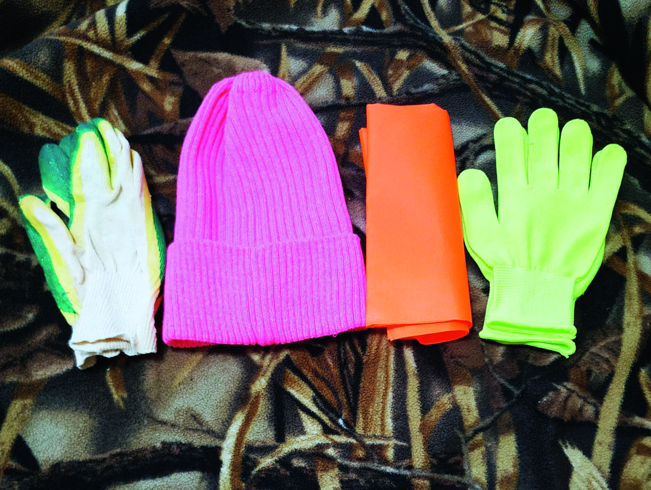 Изображение Шапка или косынка сигнального цвета помогут обозначить себя в зарослях, а перчатки защитят руки от холода и повреждений. Фото автора. 